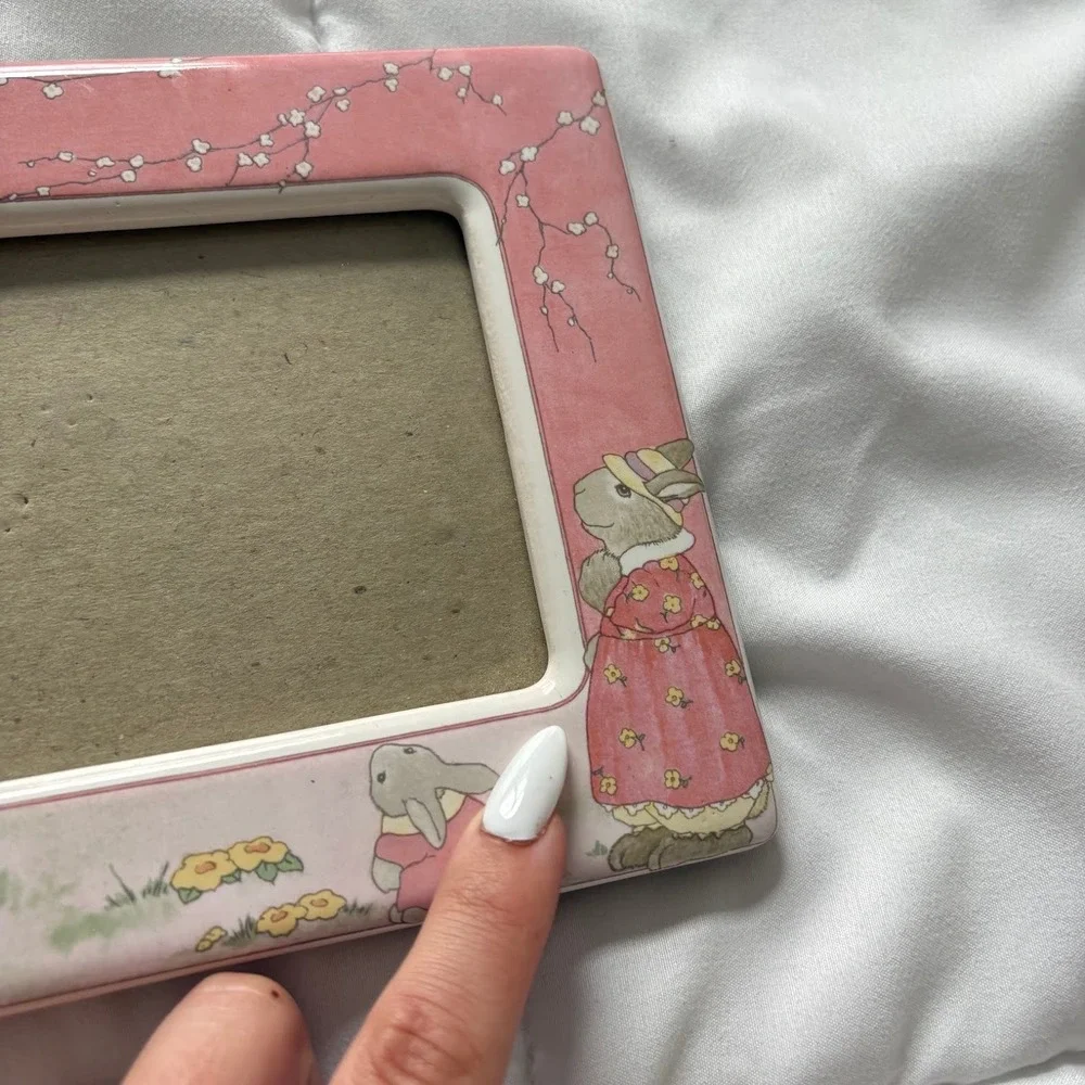 Vintage Bunny Rabbit Ceramic Picture Frame Pink Floral Nursery Decor 5x3.5